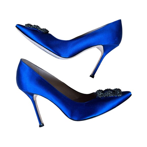 Manolo Blahnik Hangisi Iconic Blue Satin Crystal Jeweled Pumps Heels Size 39 - Picture 13 of 13